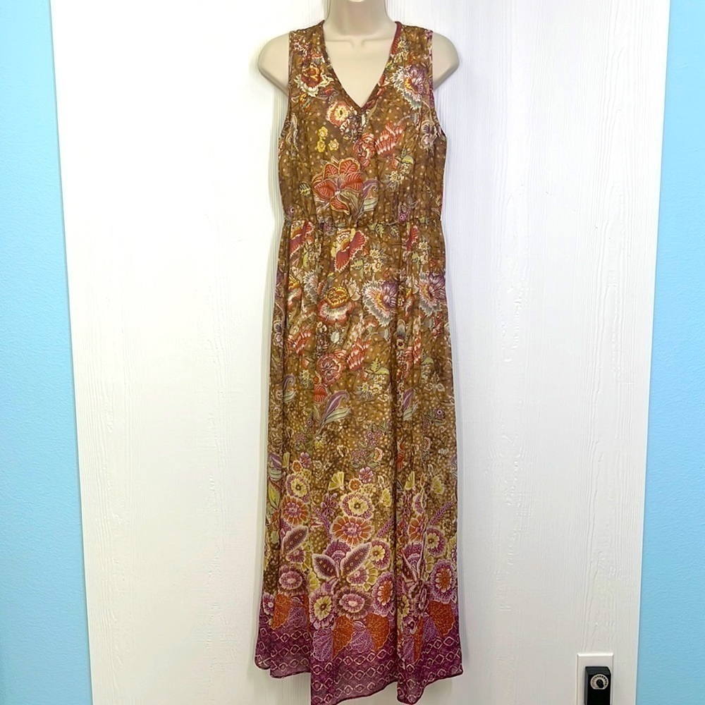 Chicos - Colorful Floral Tan V Neck Sleeveless Lined Maxi Dress Size 6